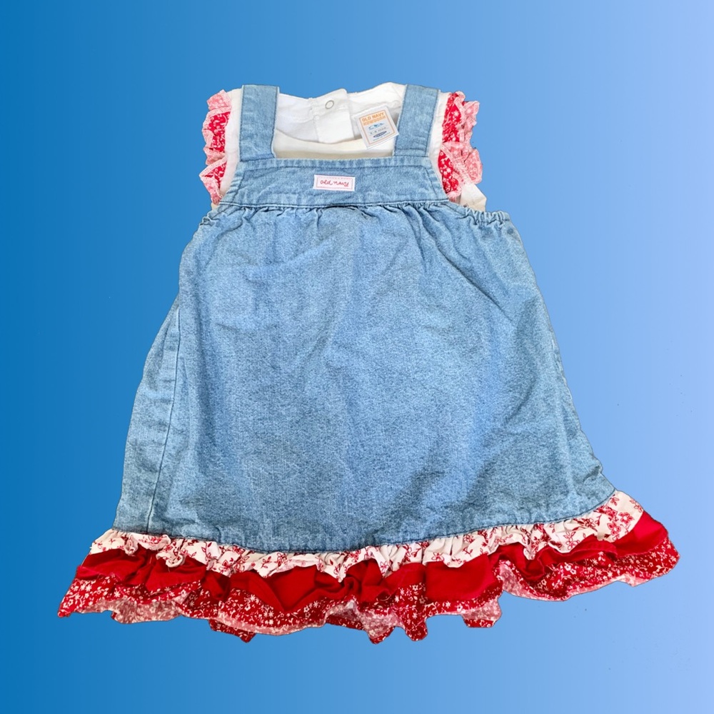 Baby Denim Dress and Red Ruffle Onesie Set